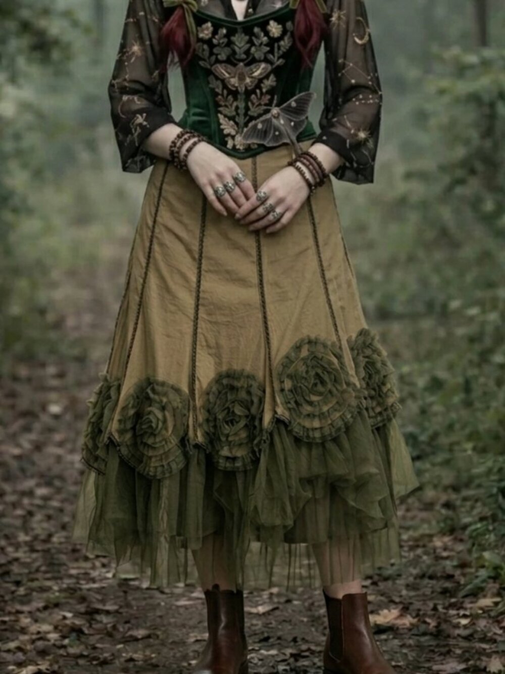 Lucy Paris Y2k Olive Green Tulle Rosette Midi Skirt Fairycore Steampunk Small